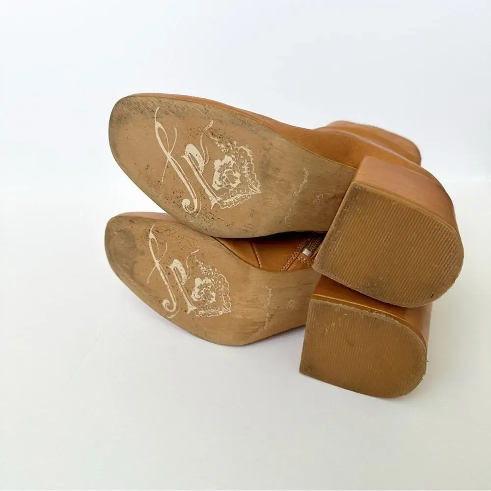 Free People Nicola Chunky Leather Booties SZ 6/36 Tan Block Heel Ankle Boots Zip - Picture 11 of 12